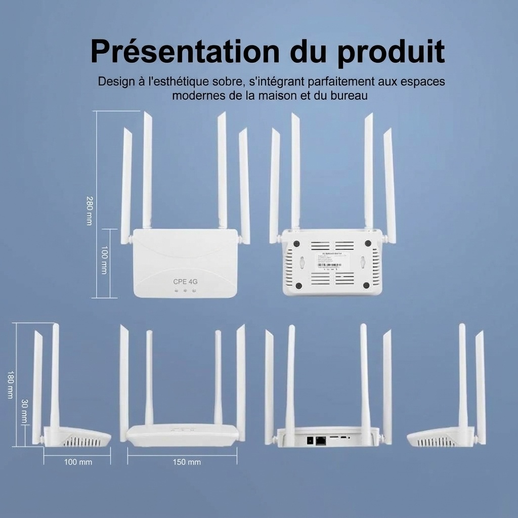 Routeur WiFi 4G LTE CPF912, modem CPE sans fil Quad-Core 300 Mbps avec 4 antennes externes à gain élevé, emplacement pour carte SIM et ports LAN/WAN