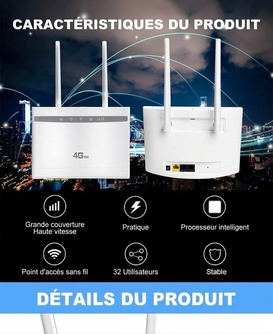Routeur WiFi sans fil 4G LTE CPF100A+, modem CPE de bureau 300 Mbps avec emplacement pour carte SIM, LAN/WAN multiport, prend en charge jusqu'à 32 utilisateurs