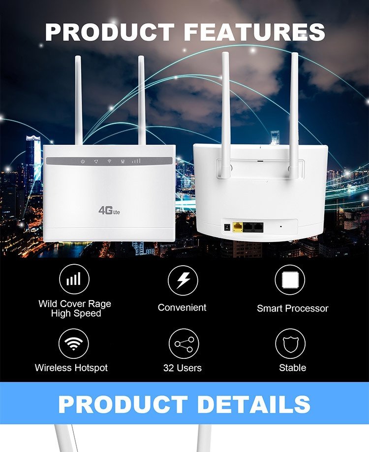 CPF100A+ 4G LTE Wireless WiFi Router, 300Mbps Desktop CPE Modem with SIM Card Slot, Multi-Port LAN/WAN, Supports up to 32 Users