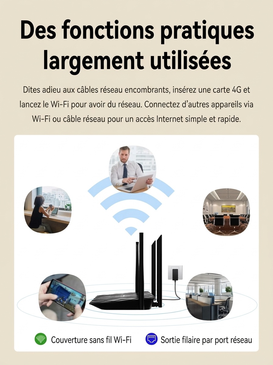 Routeur WiFi sans fil 4G LTE 320M-E, point d'accès de bureau haut débit 300 Mbps avec emplacement pour carte SIM, installation facile (Plug and Play) pour jusqu'à 32 utilisateurs