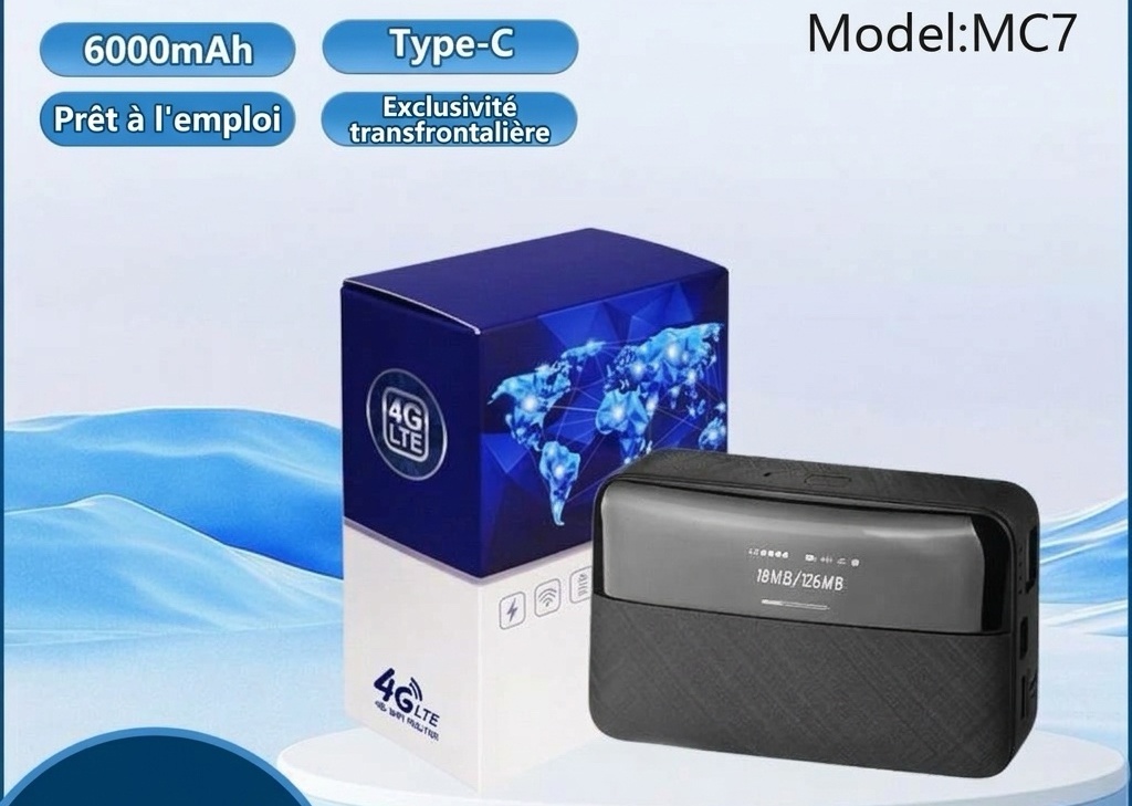 Routeur Wi-Fi portable 4G LTE MC7 2-en-1 et batterie externe 6000 mAh, MiFi mobile 150 Mbps avec emplacement pour carte SIM pour plus de 10 appareils