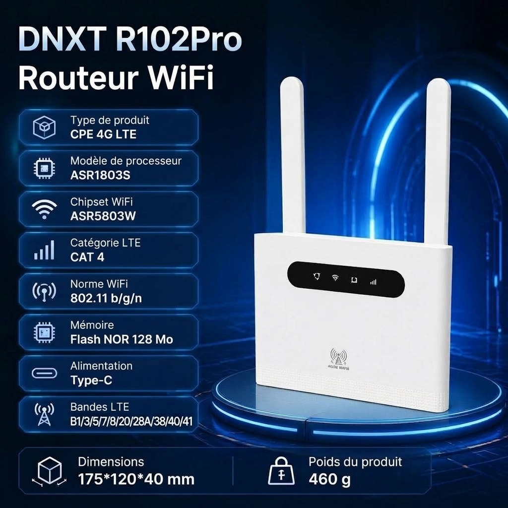Routeur mobile DNXT R102Pro 4G LTE WiFi 6 avec batterie 3000 mAh, vitesse de 300 Mbps, alimentation Type-C, emplacement pour carte SIM, prend en charge jusqu'à 32 utilisateurs