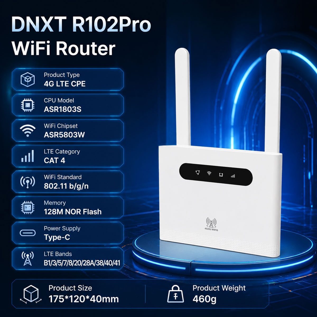 DNXT R102Pro 4G LTE WiFi 6 Mobile Router with 3000mAh Battery, 300Mbps Speed, Type-C Power, SIM Card Slot, Supports up to 32 Users