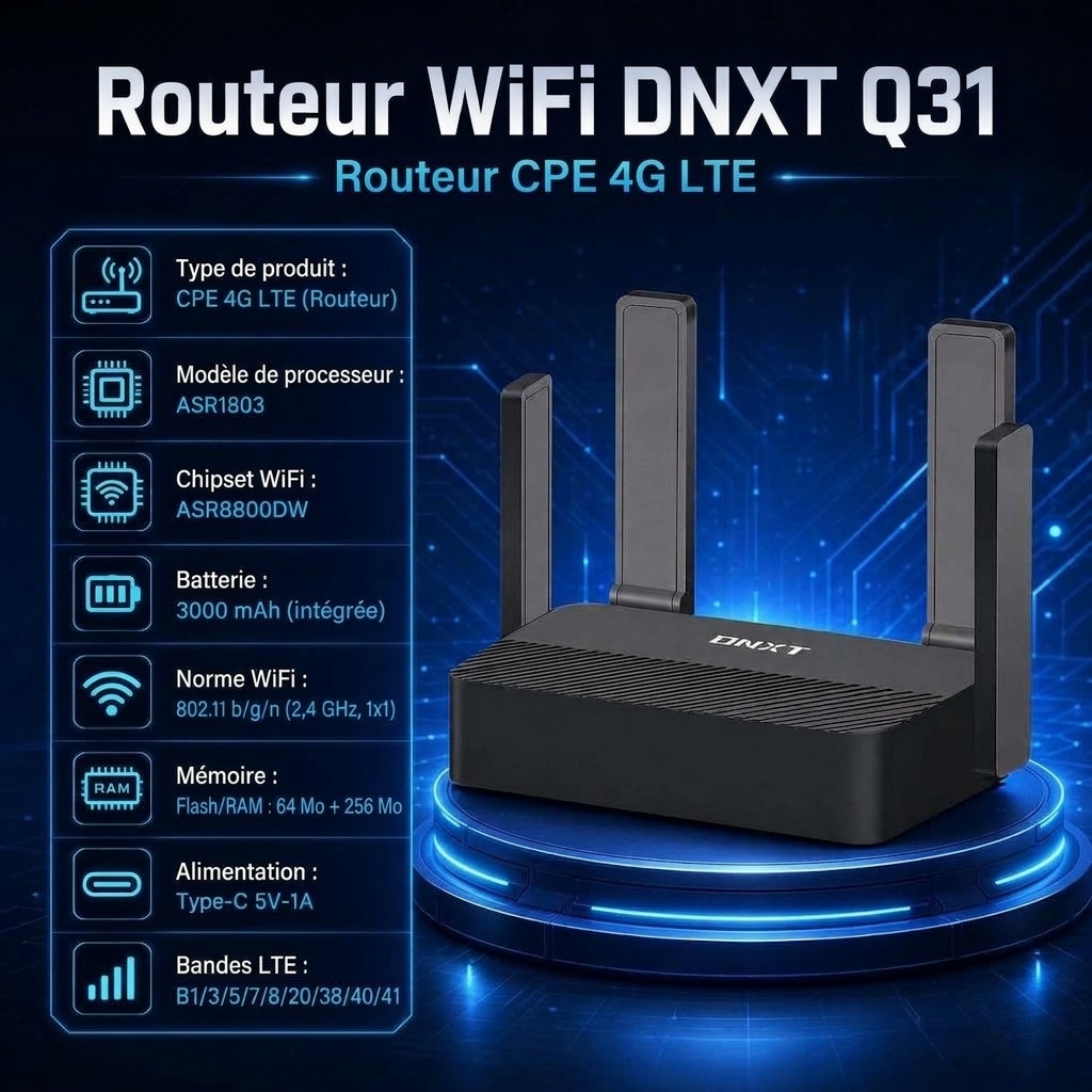 Routeur portable DNXT Q31 4G LTE WiFi 6 CPE avec batterie 3000 mAh, chargement USB-C, emplacement pour carte SIM, point d'accès Wi-Fi compact pour la maison et les voyages