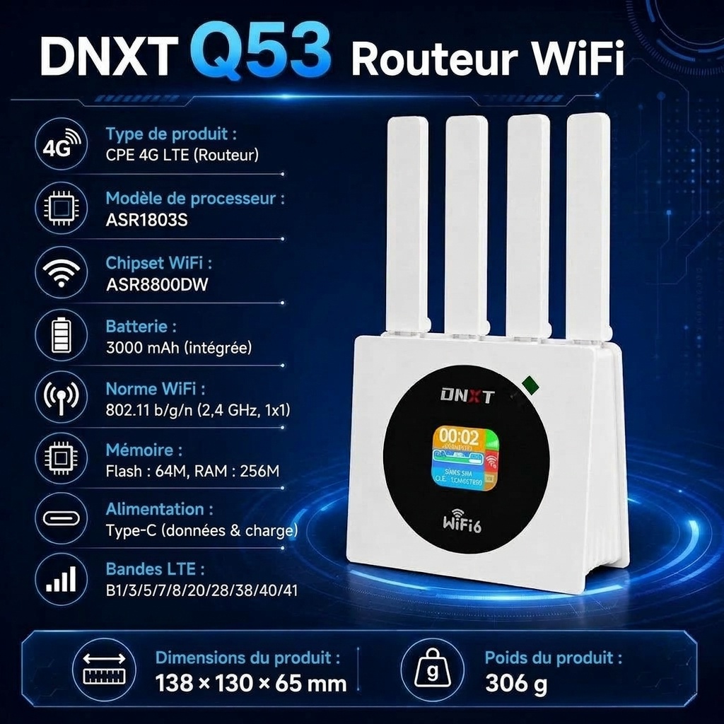 Routeur point d'accès mobile DNXT Q53 4G LTE WiFi 6 avec écran couleur LCD, batterie 3000 mAh, charge rapide USB-C et emplacement pour carte SIM