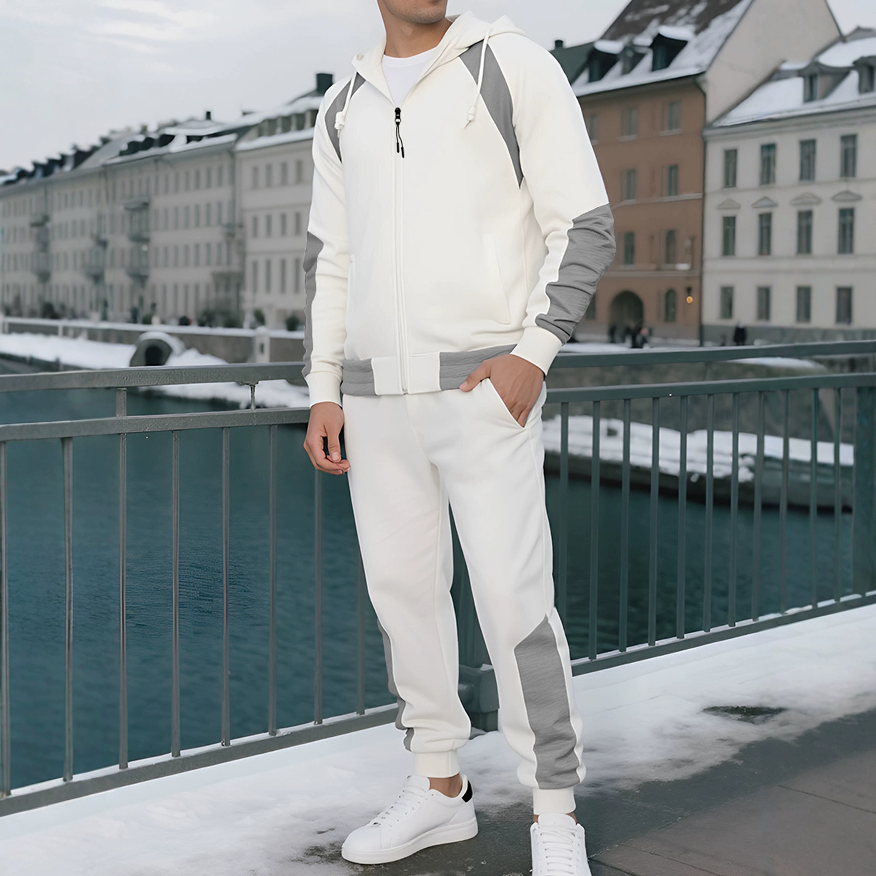 Completo da uomo composto da felpa con cappuccio e pantaloni della tuta a blocchi di colore - Abbigliamento sportivo casual NDF-00010