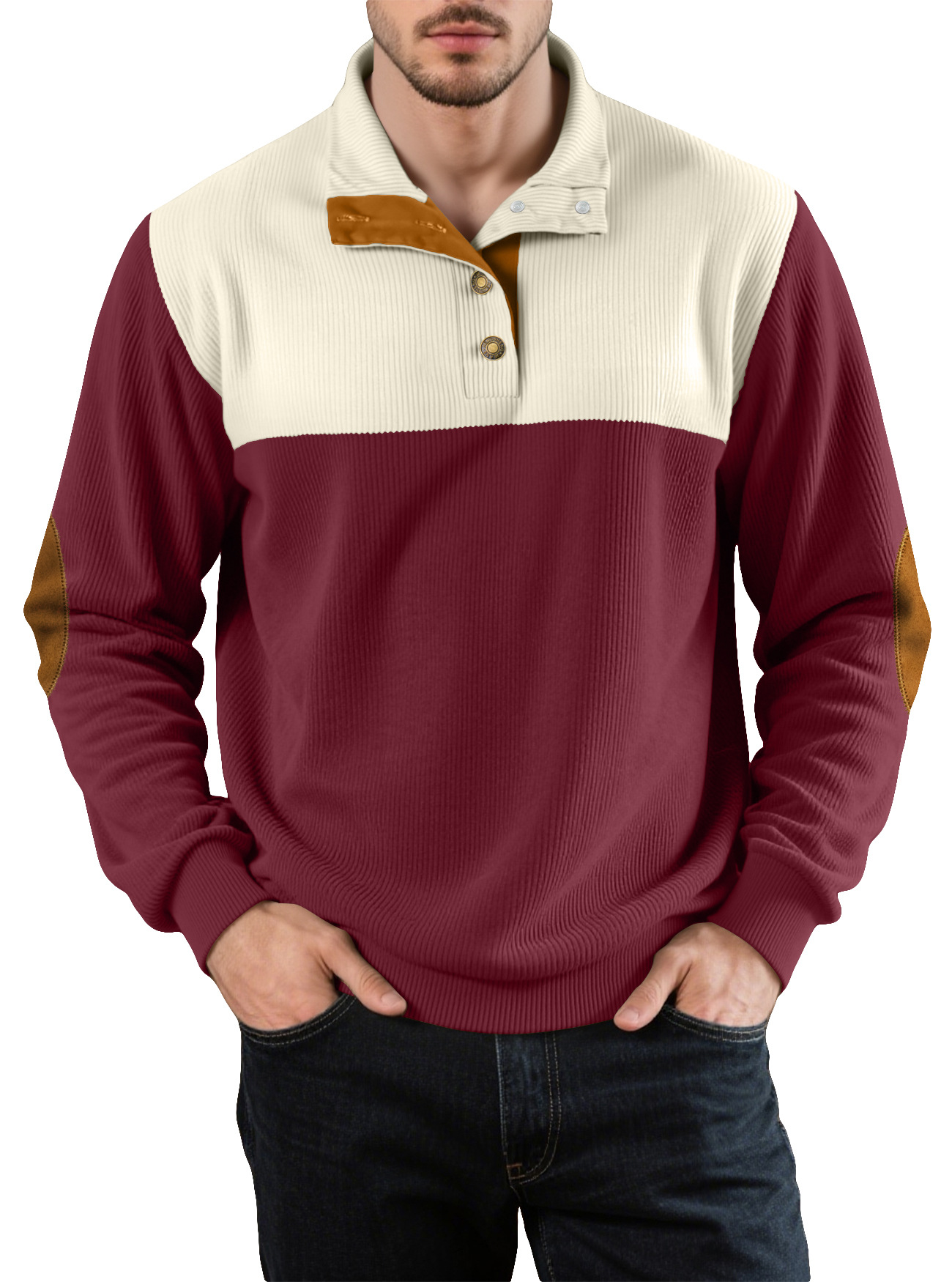 New Men's American Casual Pullover Sweatshirt Color Block Half Button NDF-00002