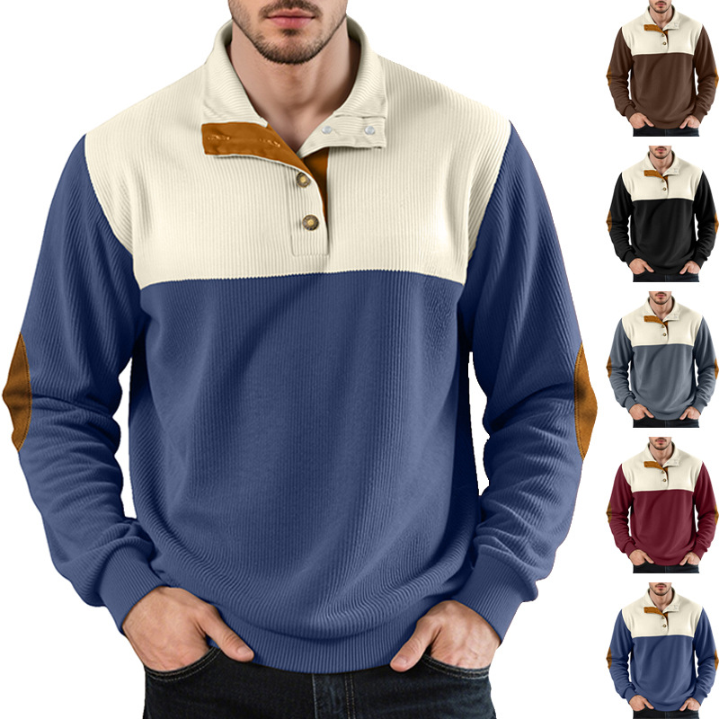 New Men's American Casual Pullover Sweatshirt Color Block Half Button NDF-00002
