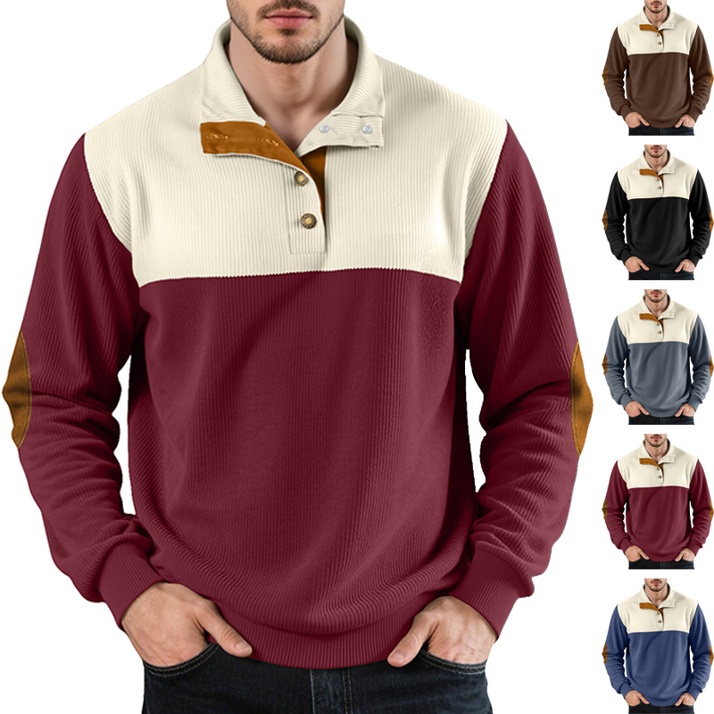 New Men's American Casual Pullover Sweatshirt Color Block Half Button NDF-00002