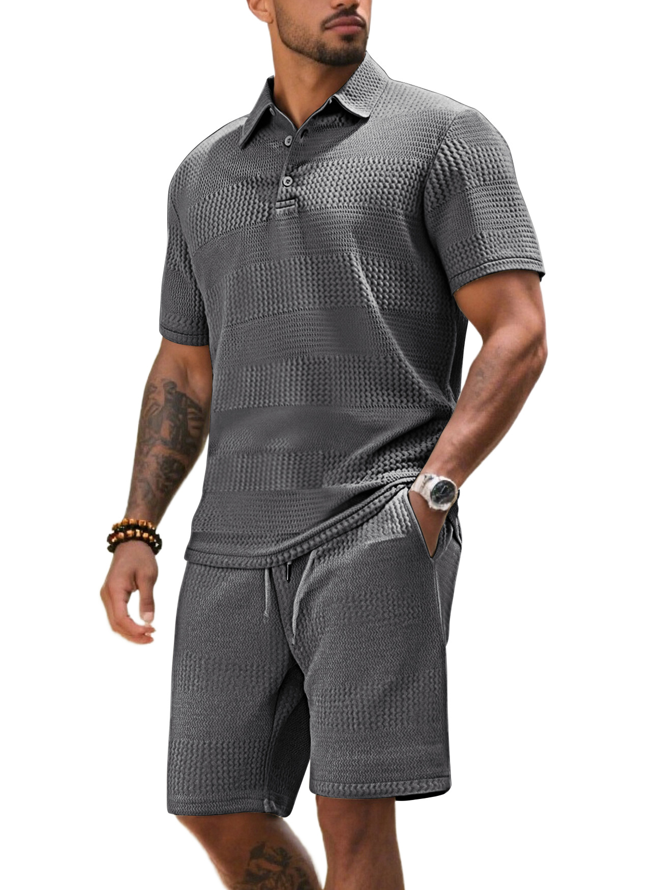 Men's Solid Color Jacquard Polo Shirt Set - Relaxed Fit Summer Top NDF-00016