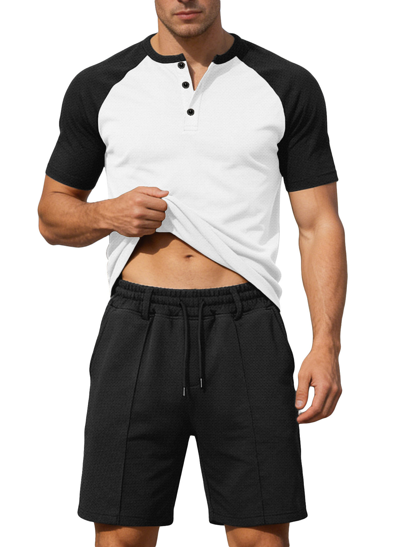 Heren Henley shirt met kleurblokken, korte mouwen en korte broek, casual sportoutfit NDF-00018