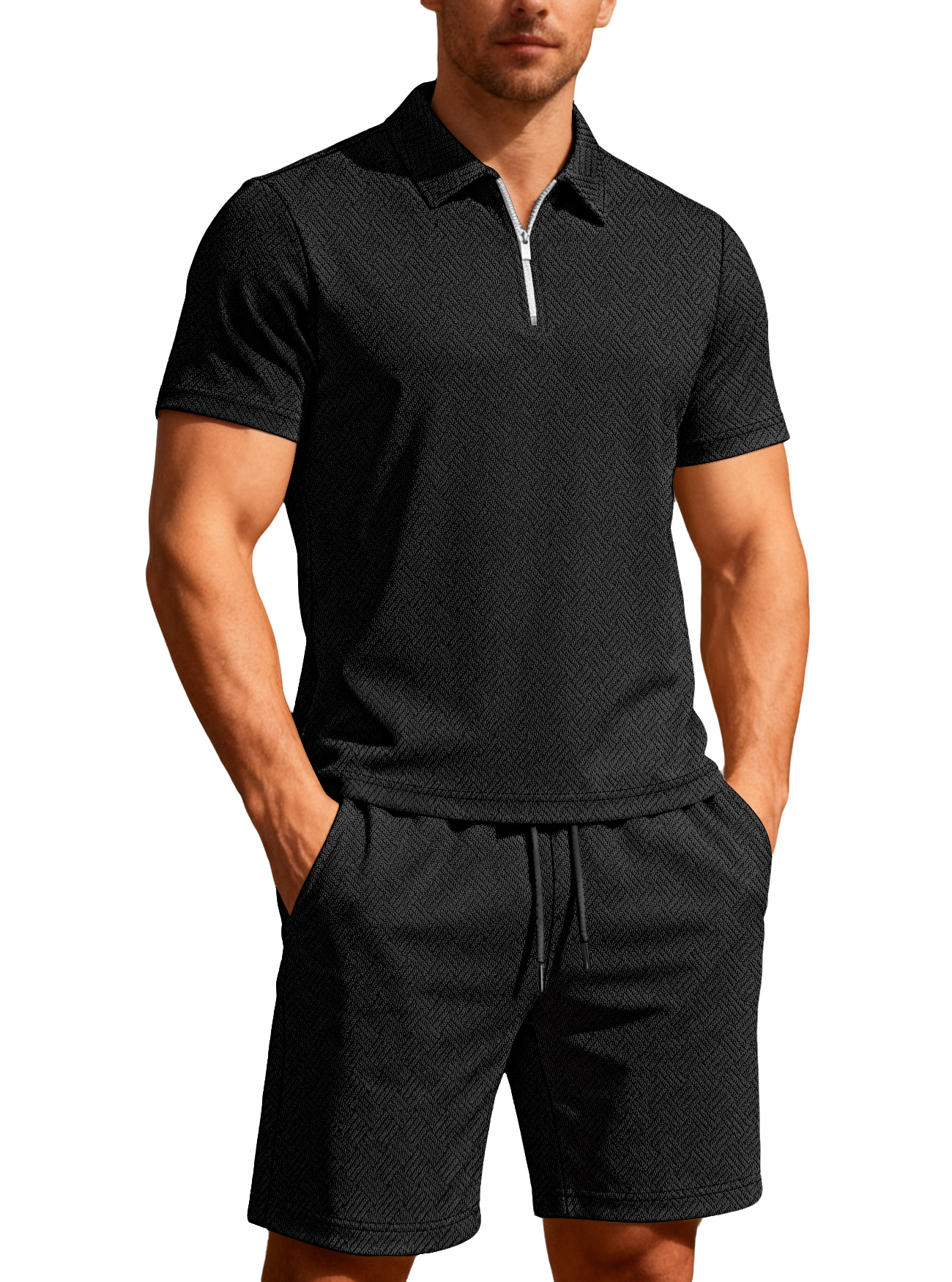 Ensemble short et t-shirt à manches courtes en jacquard éponge pour homme - Survêtement d'été décontracté NDF-00024