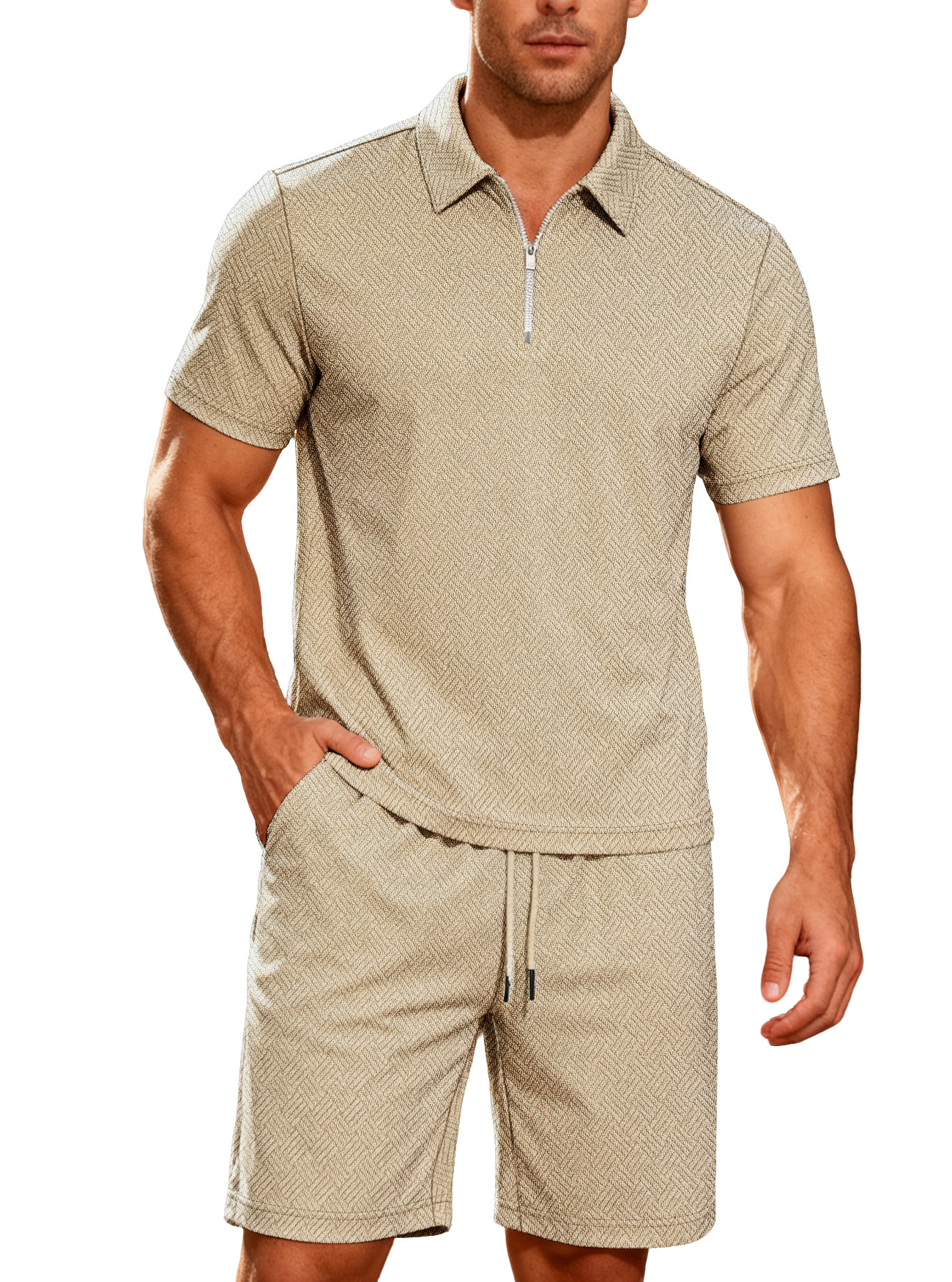 Ensemble short et t-shirt à manches courtes en jacquard éponge pour homme - Survêtement d'été décontracté NDF-00024