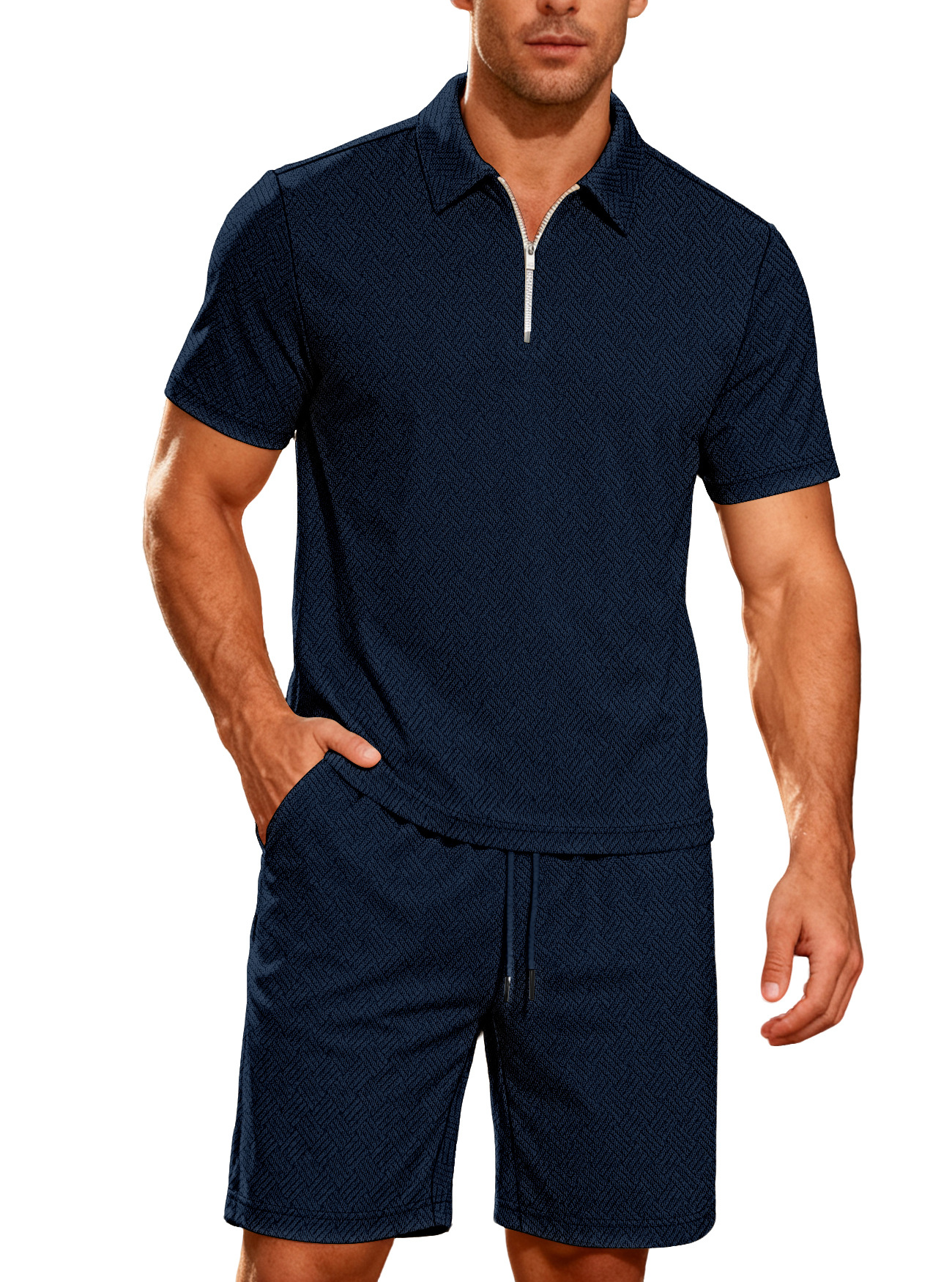 Ensemble short et t-shirt à manches courtes en jacquard éponge pour homme - Survêtement d'été décontracté NDF-00024