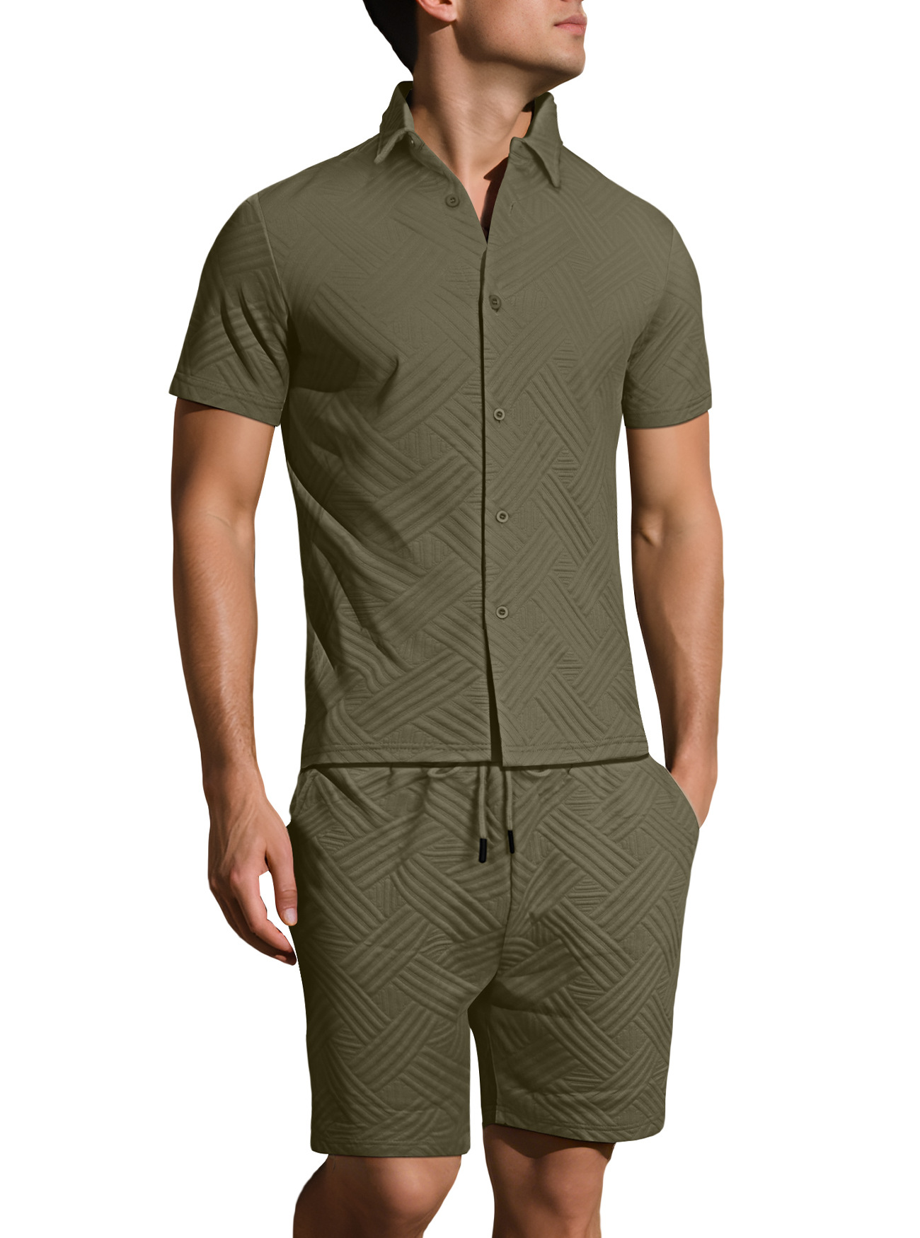 Conjunto informal de verano de algodón estampado para hombre, manga corta, NDF-00028