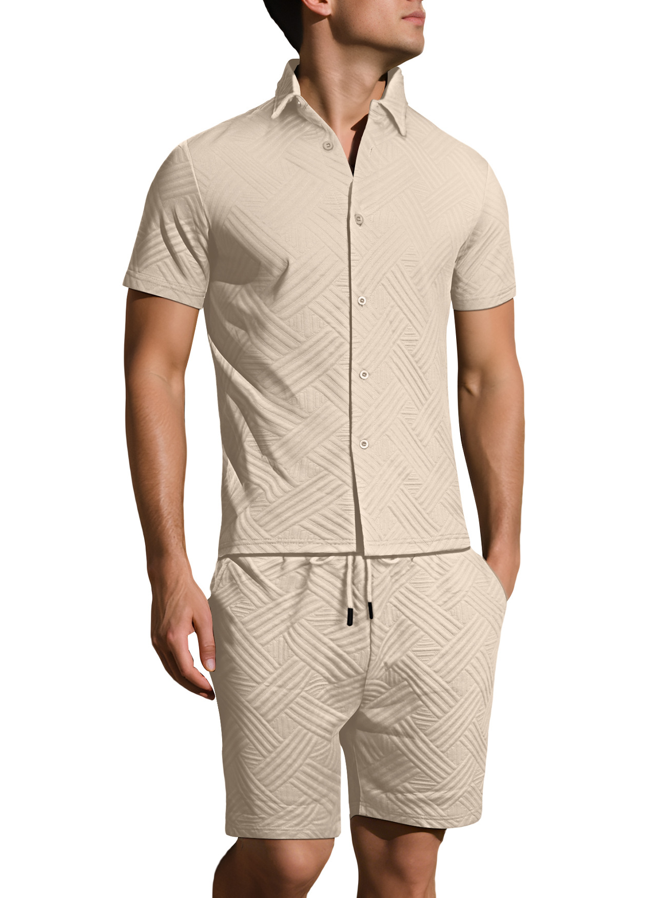 Conjunto informal de verano de algodón estampado para hombre, manga corta, NDF-00028