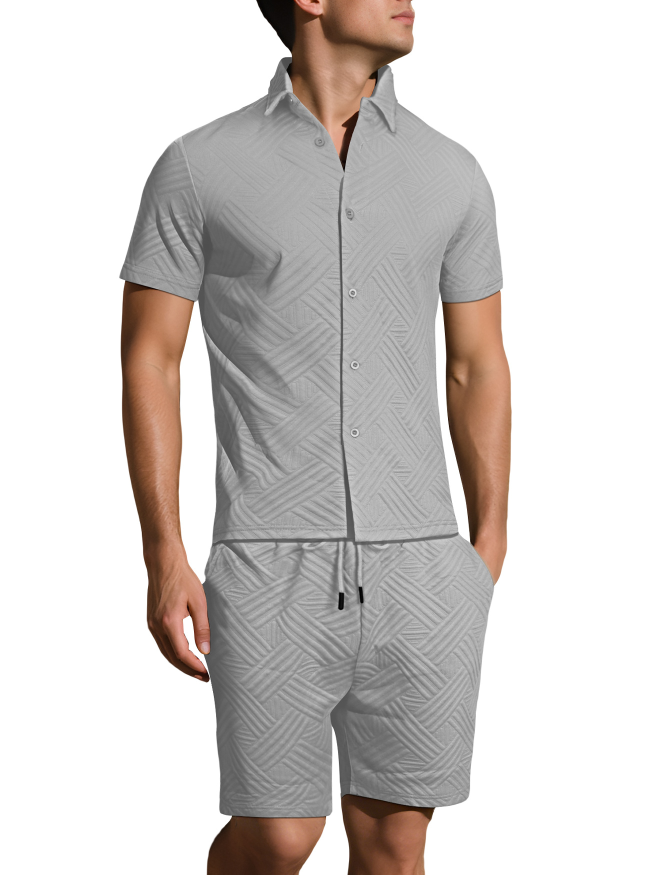 Conjunto informal de verano de algodón estampado para hombre, manga corta, NDF-00028