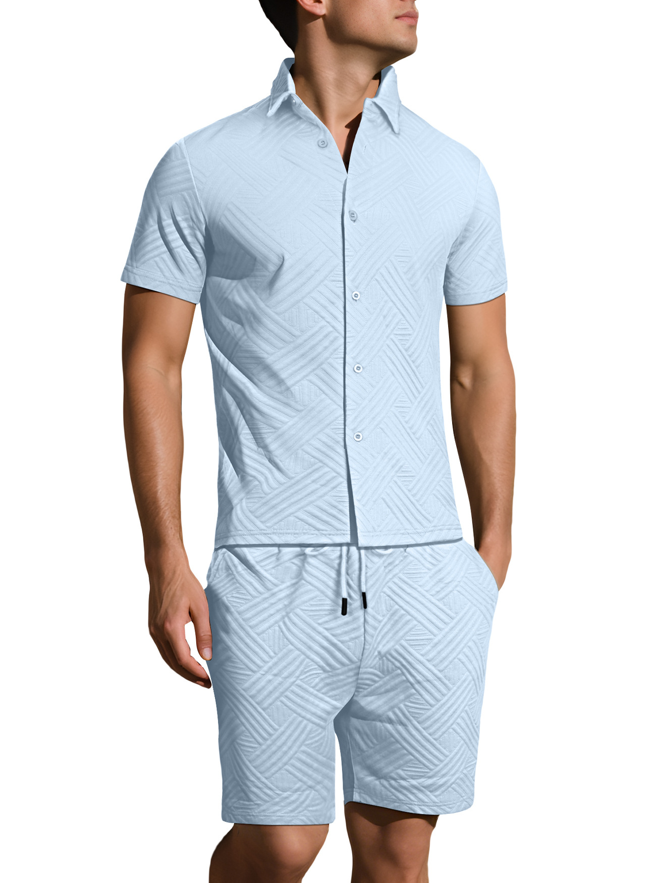 Conjunto informal de verano de algodón estampado para hombre, manga corta, NDF-00028
