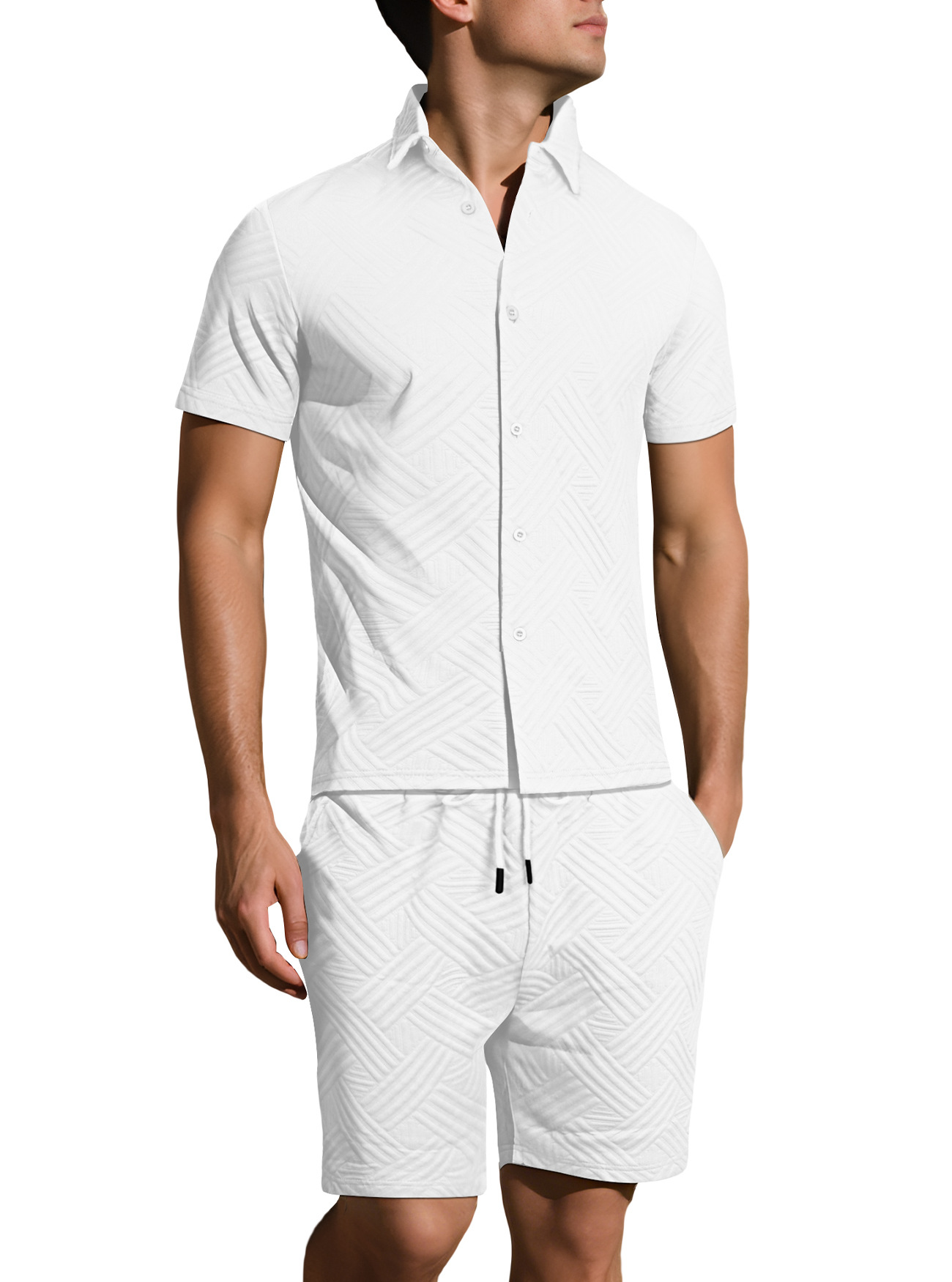 Conjunto informal de verano de algodón estampado para hombre, manga corta, NDF-00028