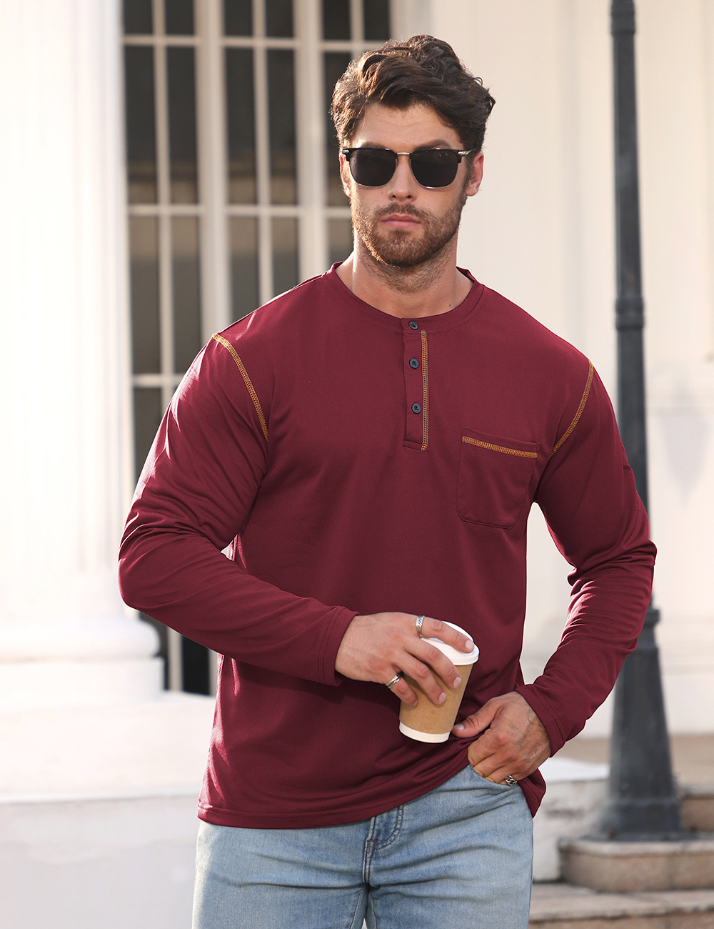 Camisa Henley de manga larga para hombre, color liso, informal, deportiva, para negocios, NDF-00005