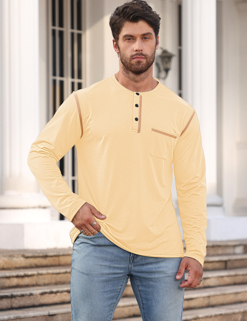 Camisa Henley de manga larga para hombre, color liso, informal, deportiva, para negocios, NDF-00005