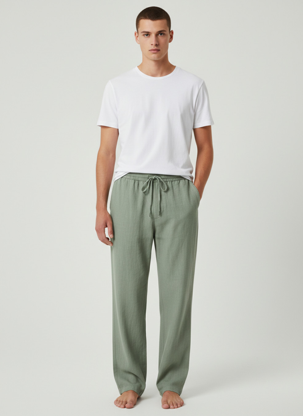 Men's Linen Blend Straight Leg Pants High Waist Slim Fit Casual Trousers NDF-00011