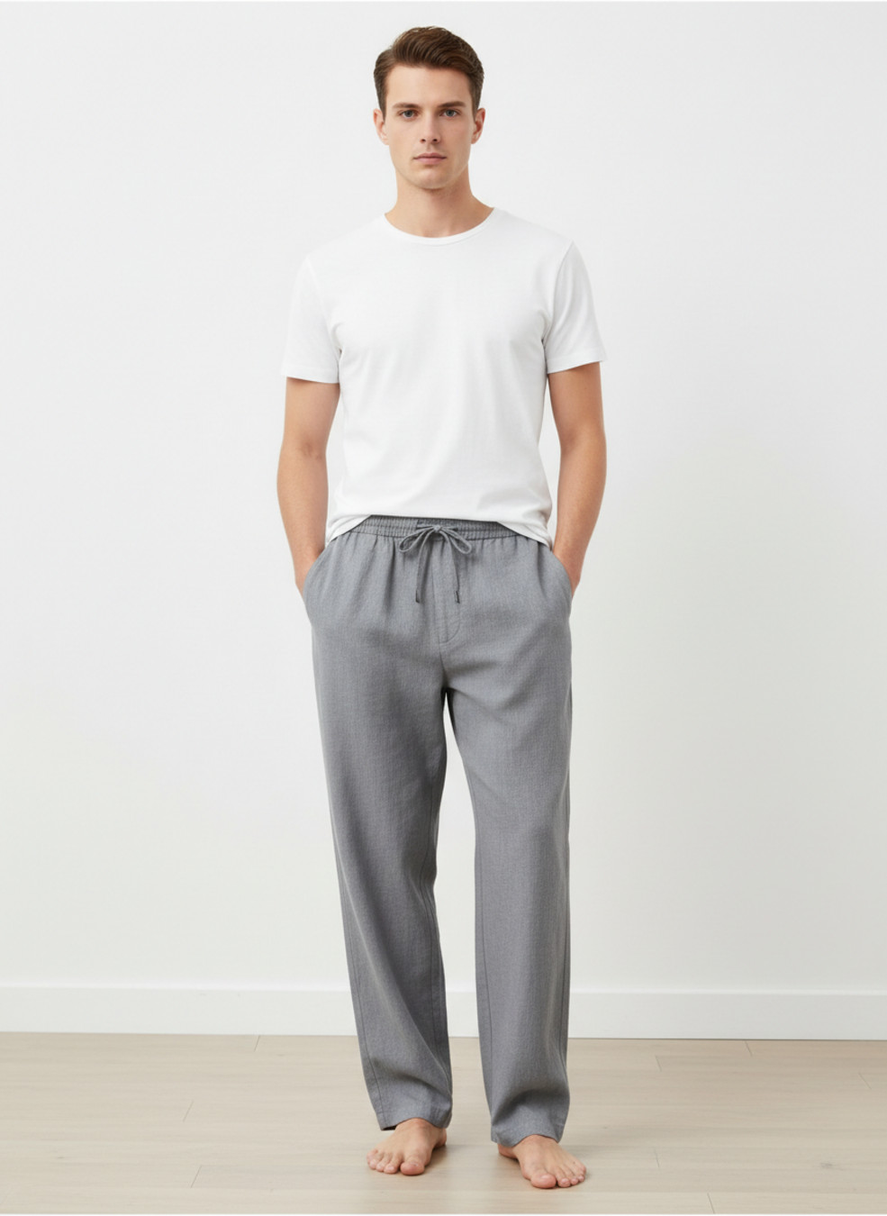 Men's Linen Blend Straight Leg Pants High Waist Slim Fit Casual Trousers NDF-00011