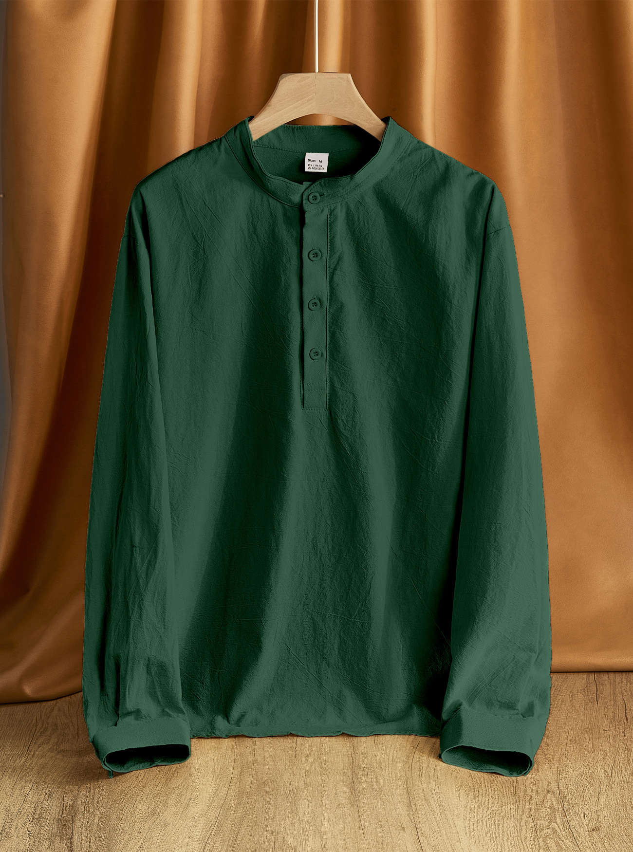 Camisa Henley de lino de manga larga para hombre, color liso, informal, NDF-00029