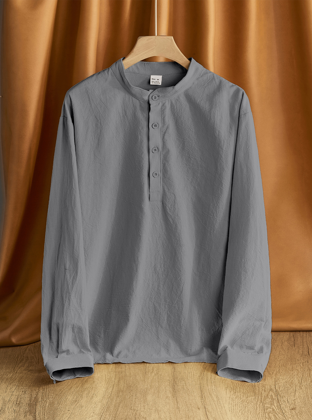 Camisa Henley de lino de manga larga para hombre, color liso, informal, NDF-00029