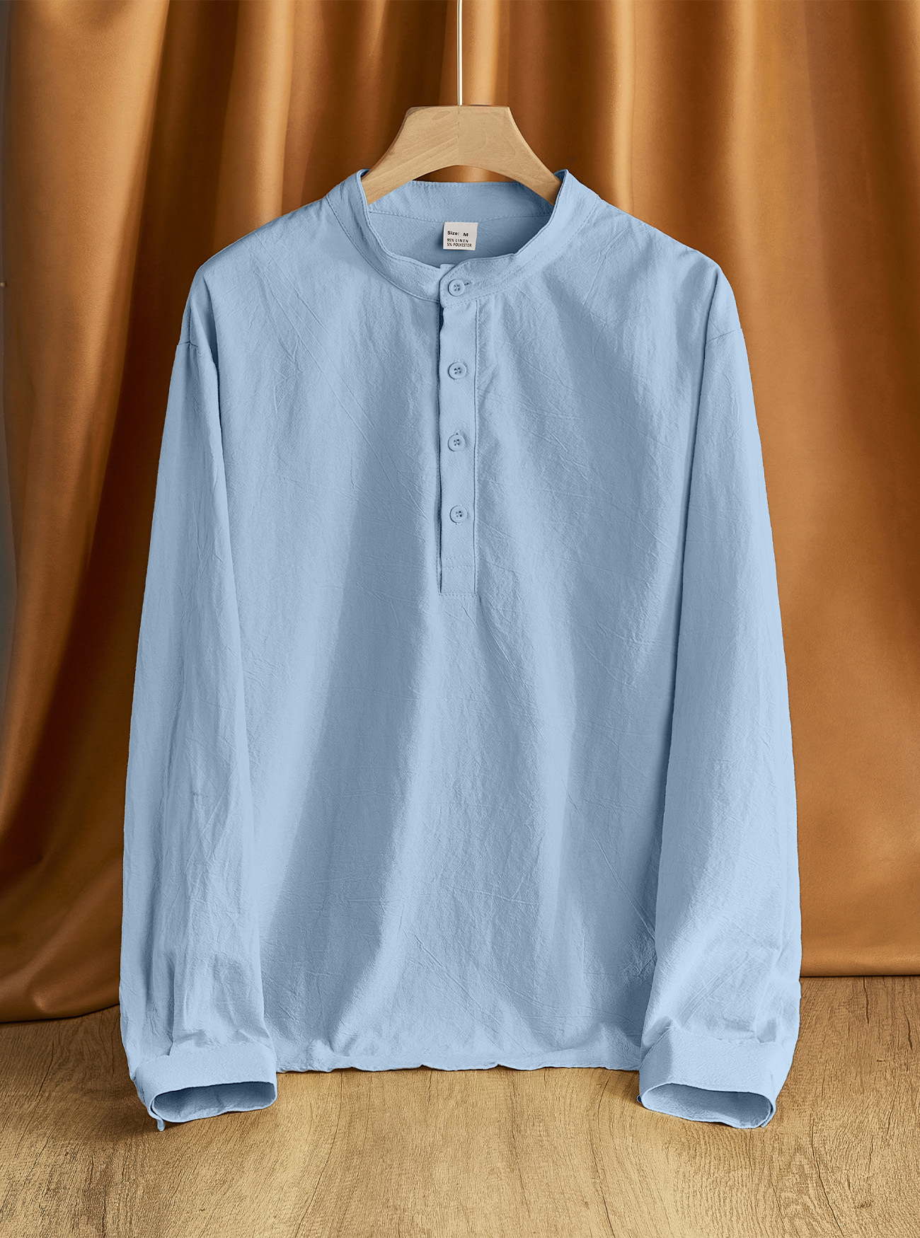 Camisa Henley de lino de manga larga para hombre, color liso, informal, NDF-00029