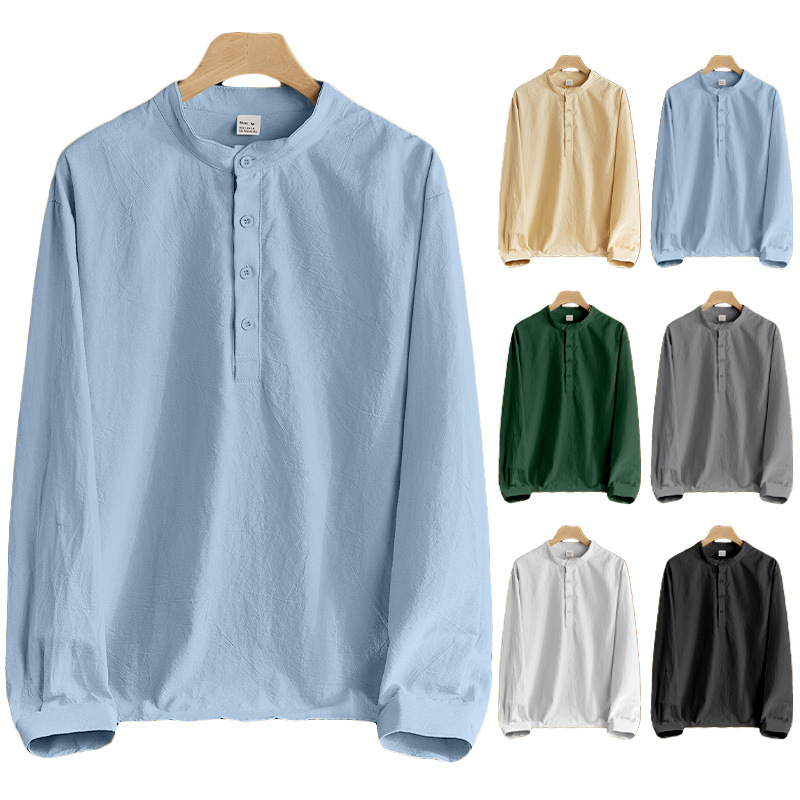 Camisa Henley de lino de manga larga para hombre, color liso, informal, NDF-00029