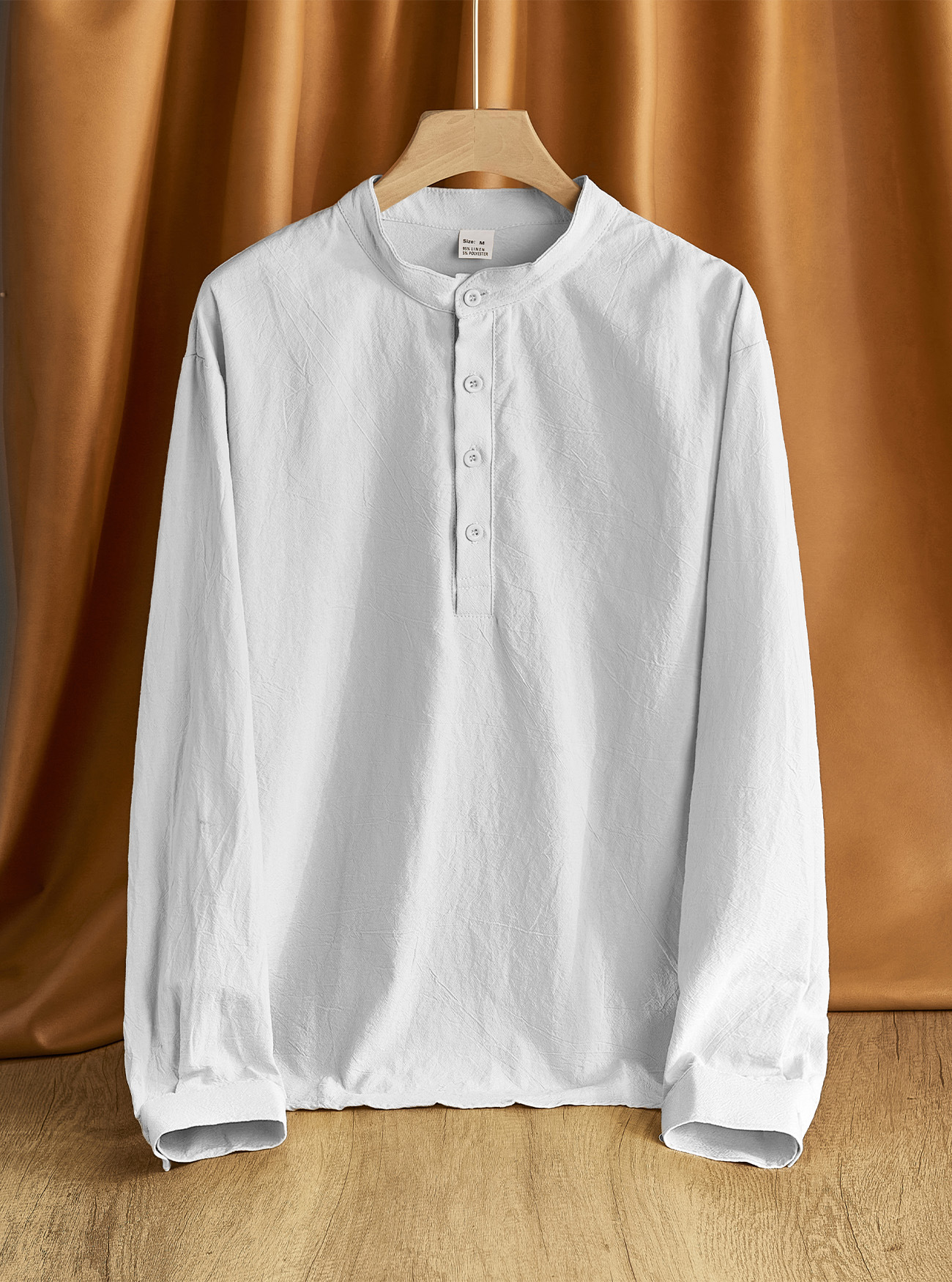 Camisa Henley de lino de manga larga para hombre, color liso, informal, NDF-00029