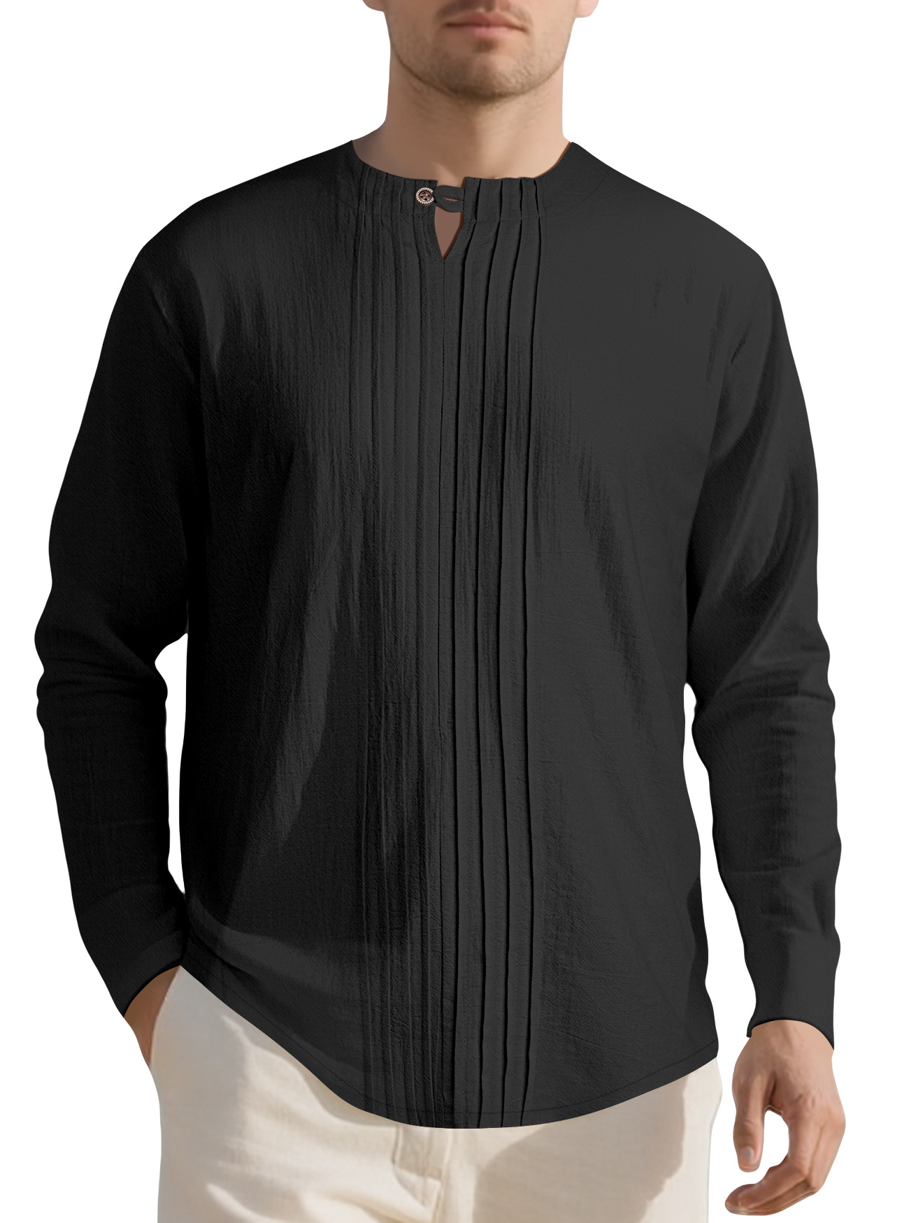 Cotton Linen Long Sleeve Crew Neck T-Shirt Loose Fit Pullover Top NDF-00030