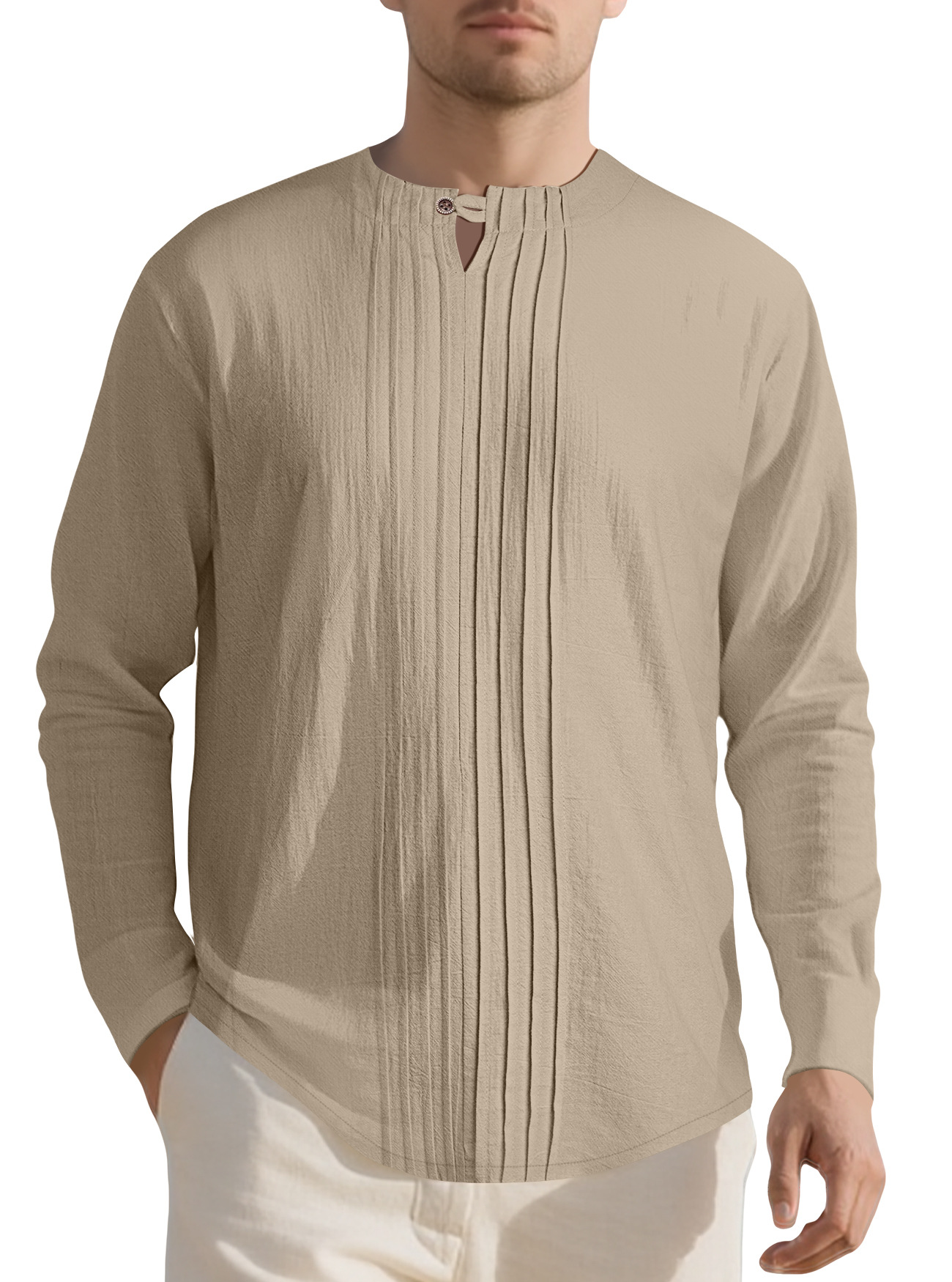 Cotton Linen Long Sleeve Crew Neck T-Shirt Loose Fit Pullover Top NDF-00030