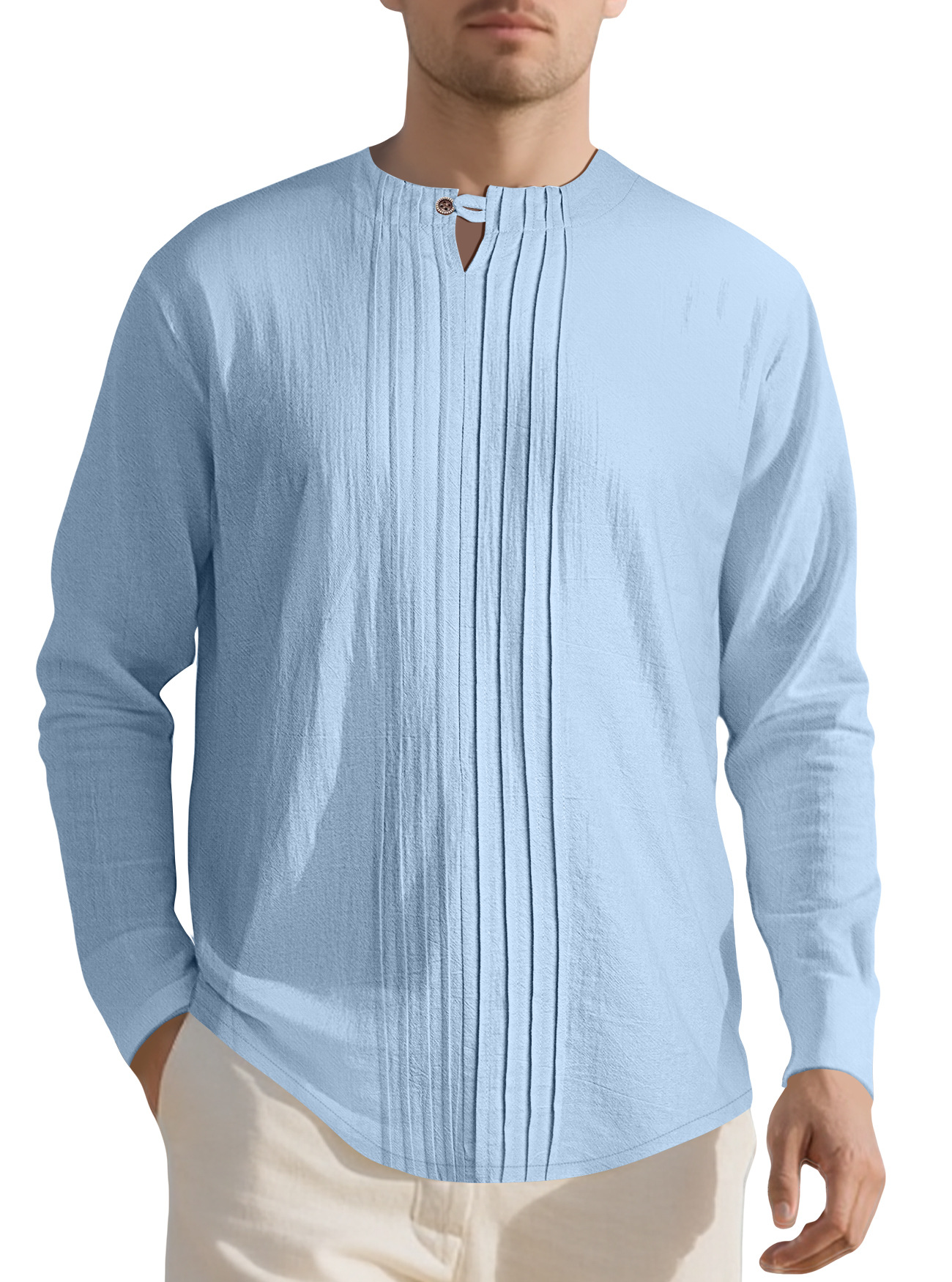 Cotton Linen Long Sleeve Crew Neck T-Shirt Loose Fit Pullover Top NDF-00030