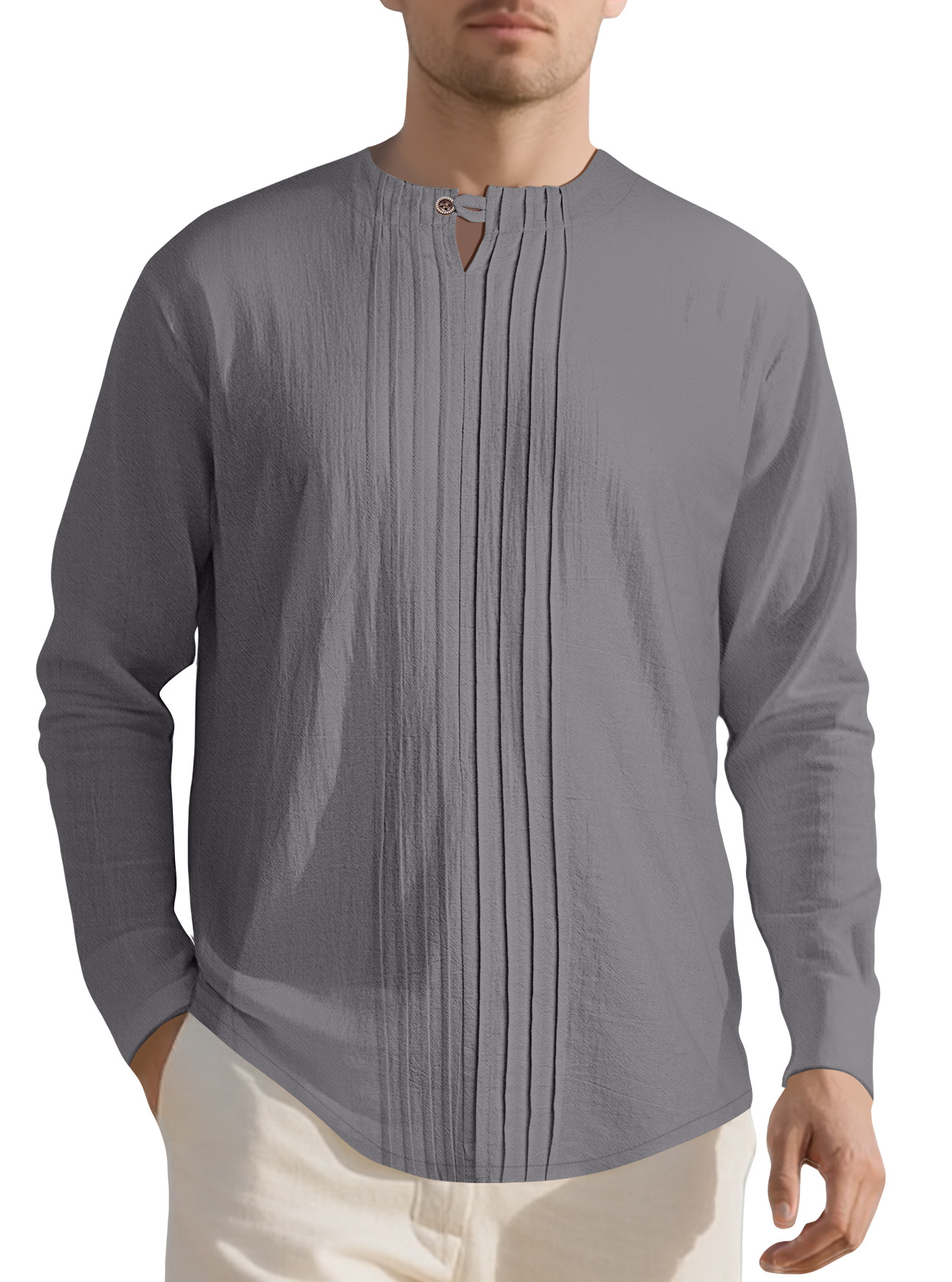 Cotton Linen Long Sleeve Crew Neck T-Shirt Loose Fit Pullover Top NDF-00030