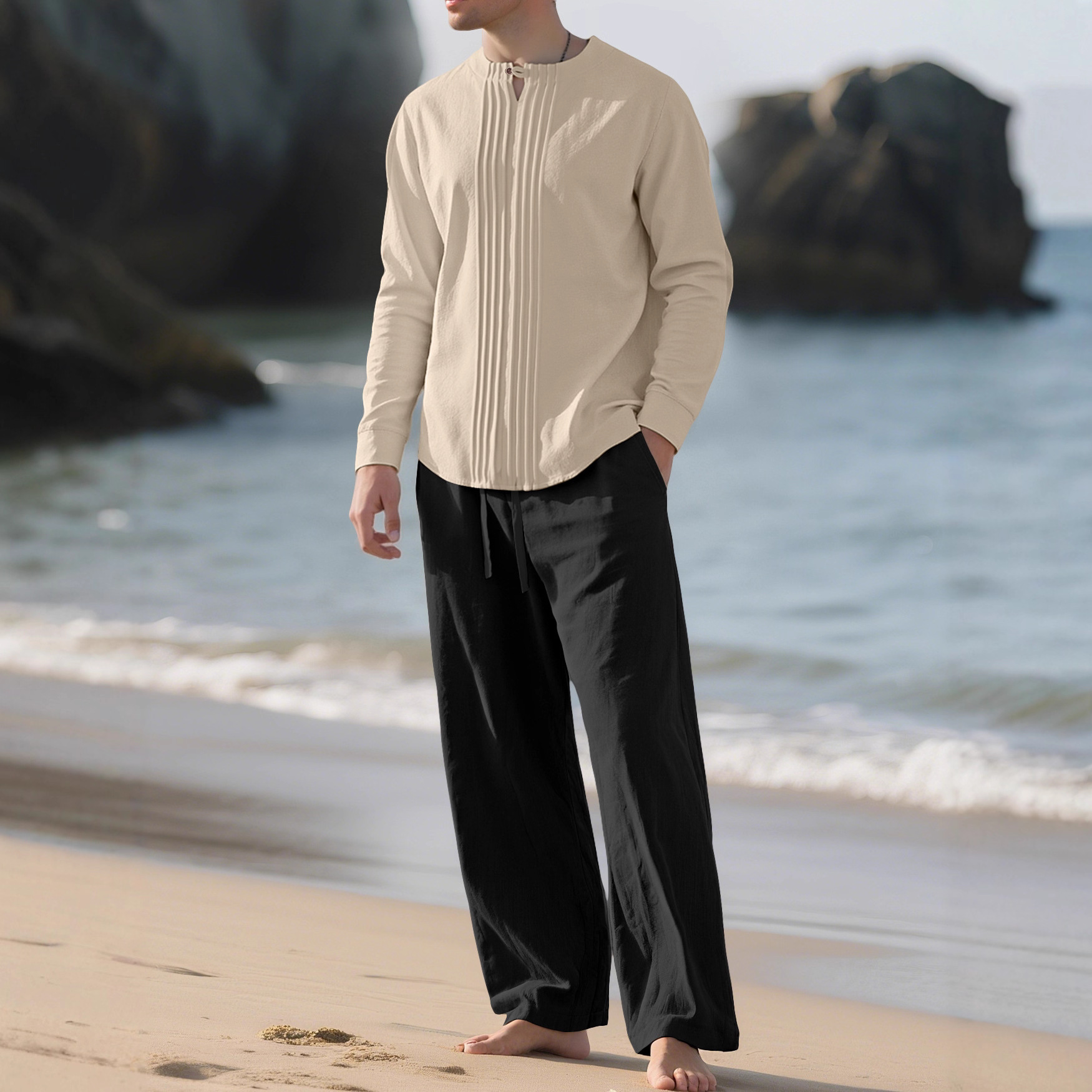 Cotton Linen Long Sleeve Shirt Set Casual Stand Collar NDF-00031