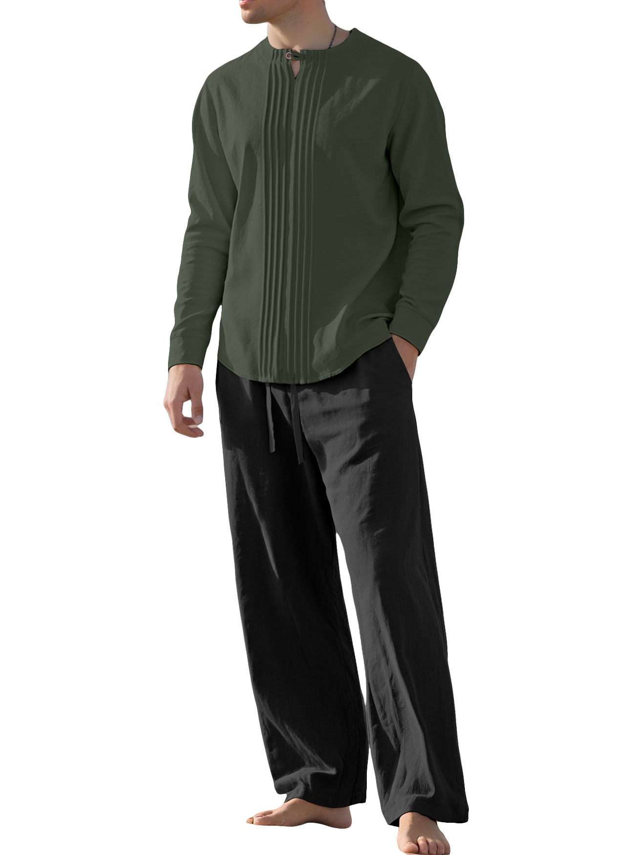 Cotton Linen Long Sleeve Shirt Set Casual Stand Collar NDF-00031