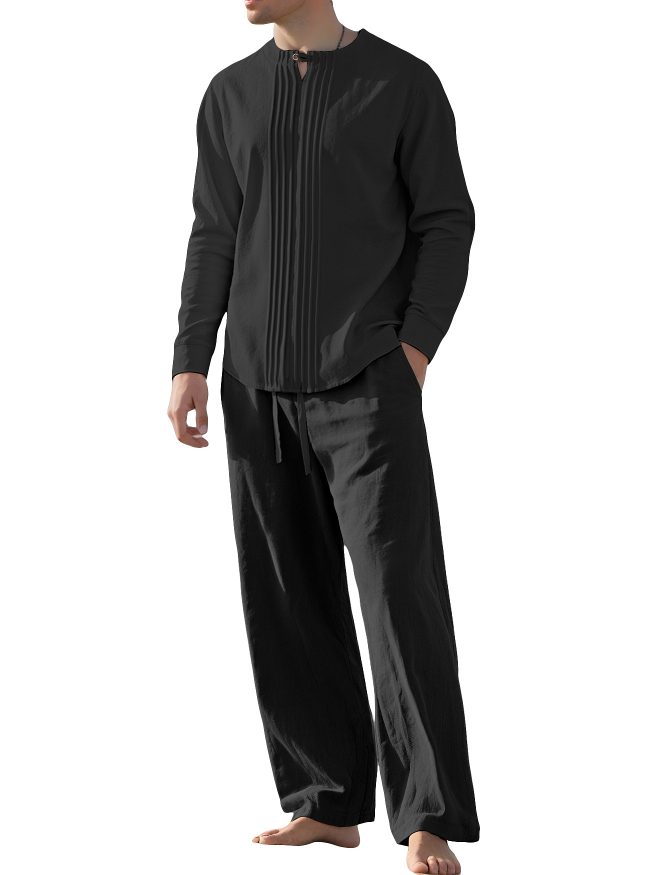 Cotton Linen Long Sleeve Shirt Set Casual Stand Collar NDF-00031