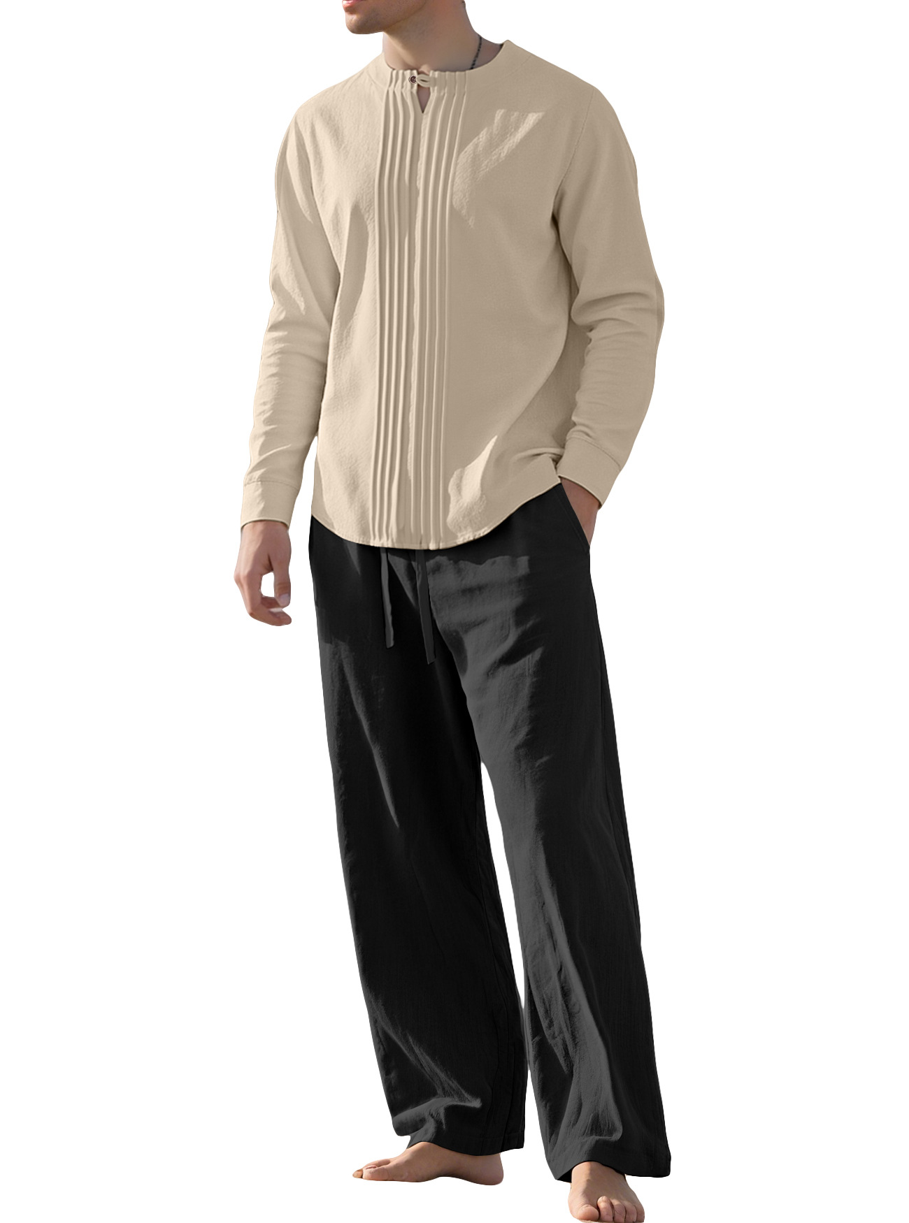 Cotton Linen Long Sleeve Shirt Set Casual Stand Collar NDF-00031