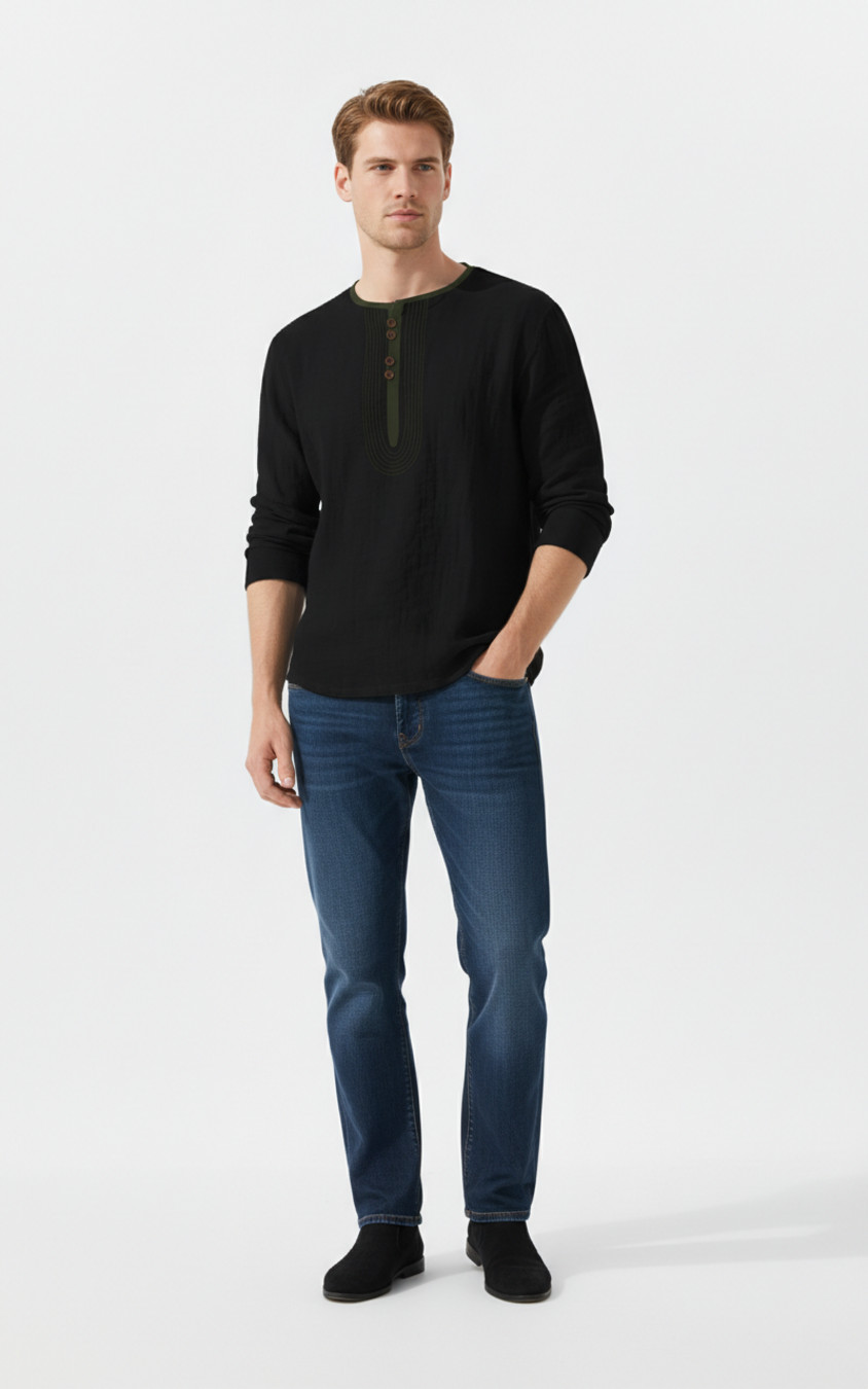 Linen Henley Shirt Men's Long Sleeve Casual Loose Fit NDF-00006