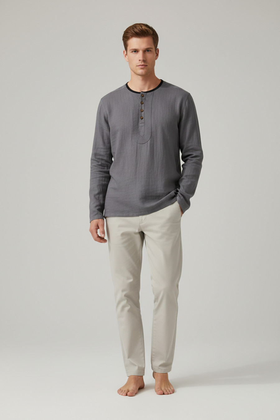 Linen Henley Shirt Men's Long Sleeve Casual Loose Fit NDF-00006