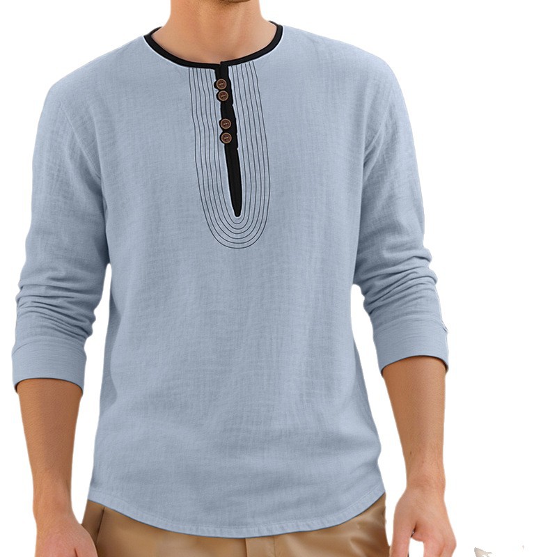 Linen Henley Shirt Men's Long Sleeve Casual Loose Fit NDF-00006