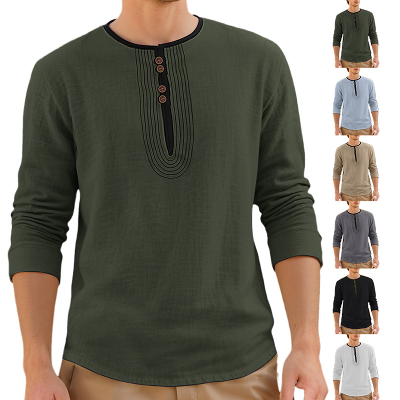 Linen Henley Shirt Men's Long Sleeve Casual Loose Fit NDF-00006