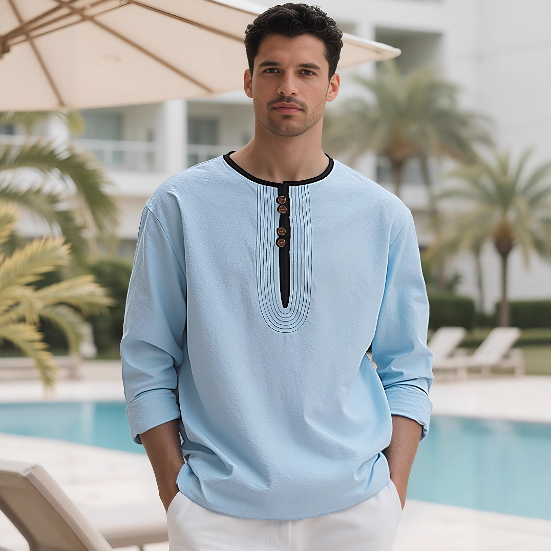 Linen Henley Shirt Men's Long Sleeve Casual Loose Fit NDF-00006