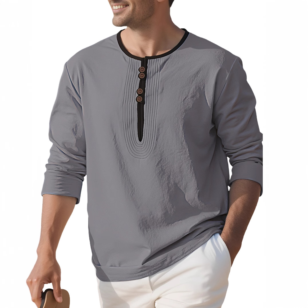 Linen Henley Shirt Men's Long Sleeve Casual Loose Fit NDF-00006