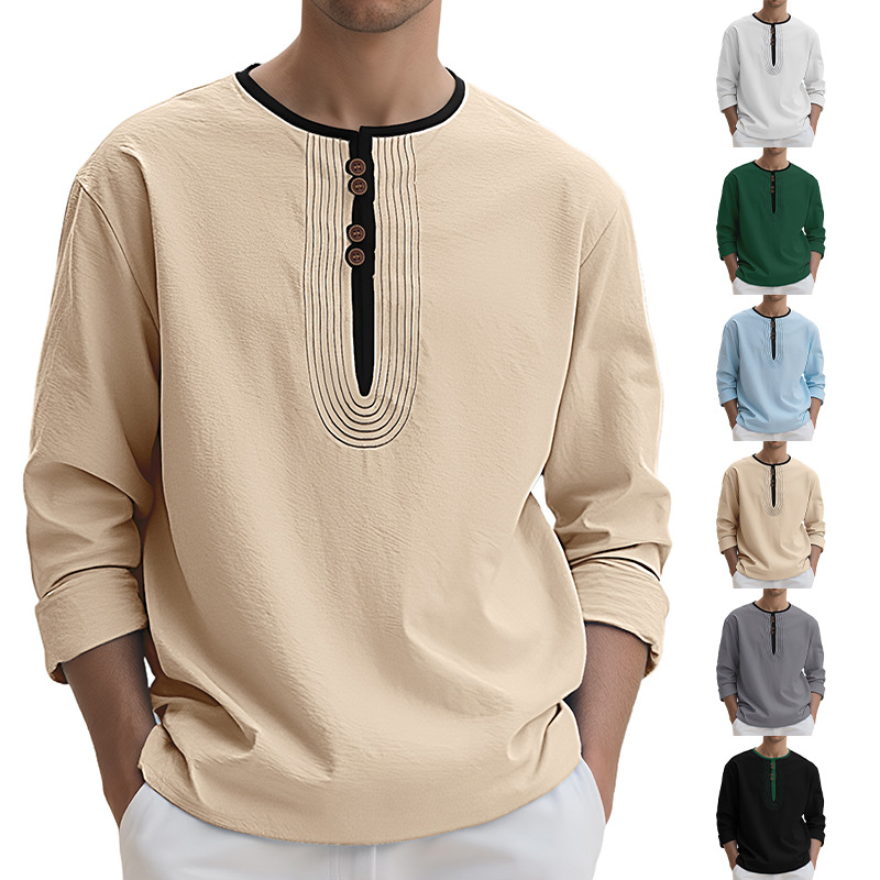 Linen Henley Shirt Men's Long Sleeve Casual Loose Fit NDF-00006