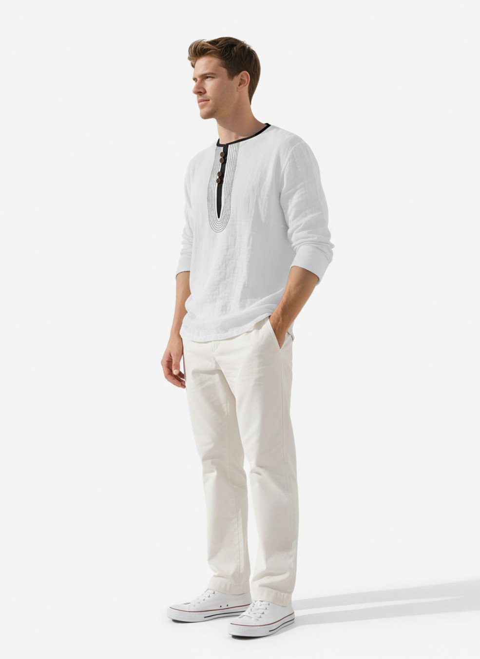 Linen Henley Shirt Men's Long Sleeve Casual Loose Fit NDF-00006