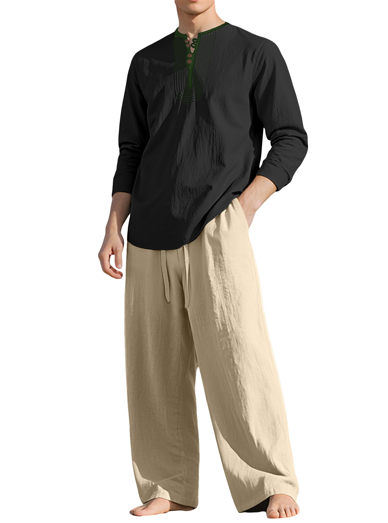 Ensemble chemise à manches longues et pantalon décontracté en lin pour homme - Coupe décontractée et respirante NDF-00032