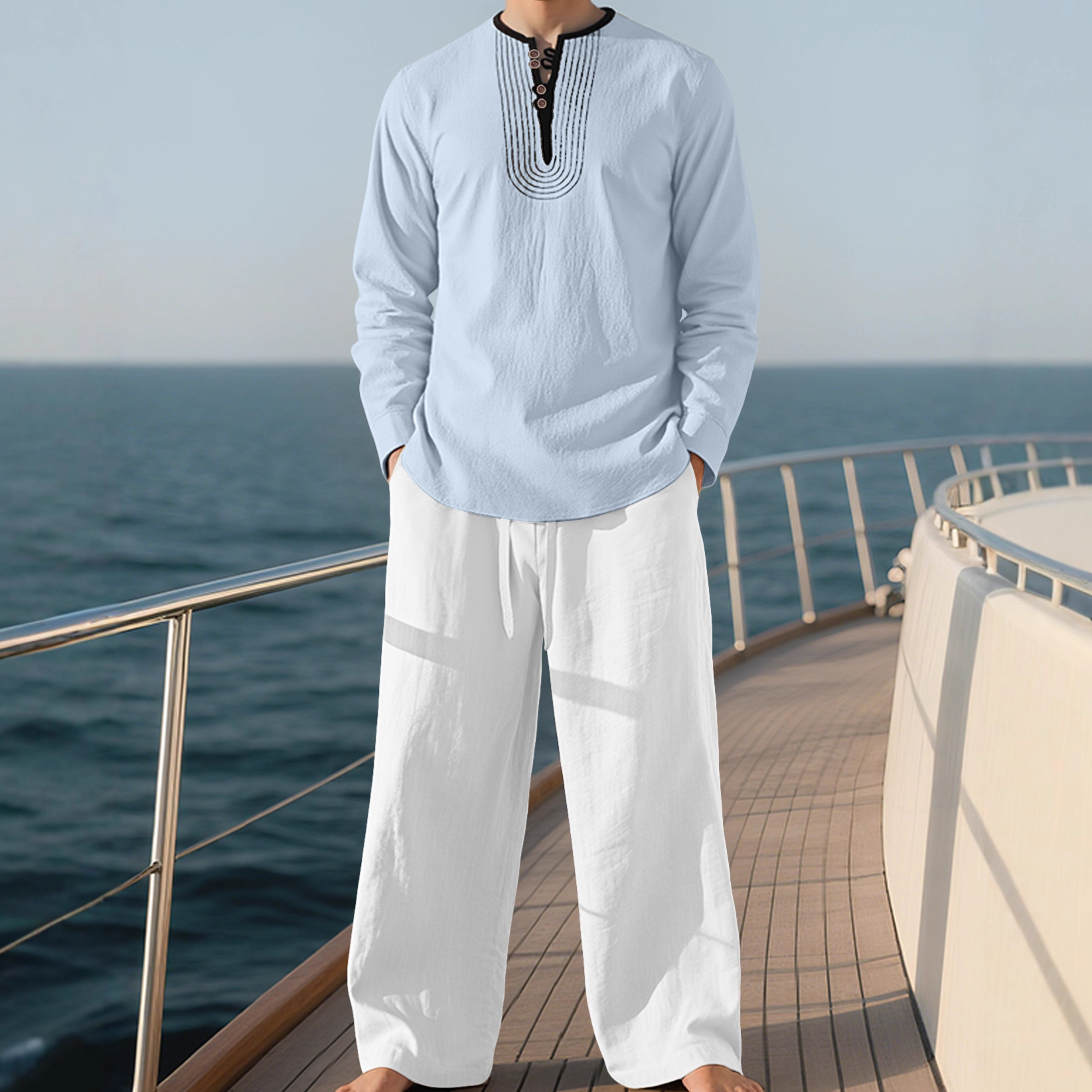 Ensemble chemise à manches longues et pantalon décontracté en lin pour homme - Coupe décontractée et respirante NDF-00032